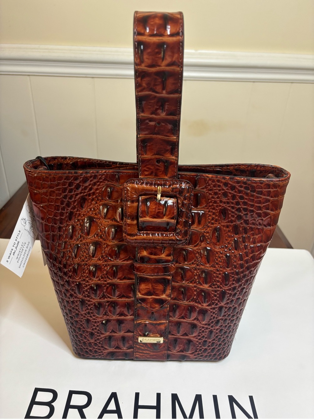 Brahmin Faith in Pecan in Croco-Embossed Leather Mini Bucket Bag - Picture 2 of 8